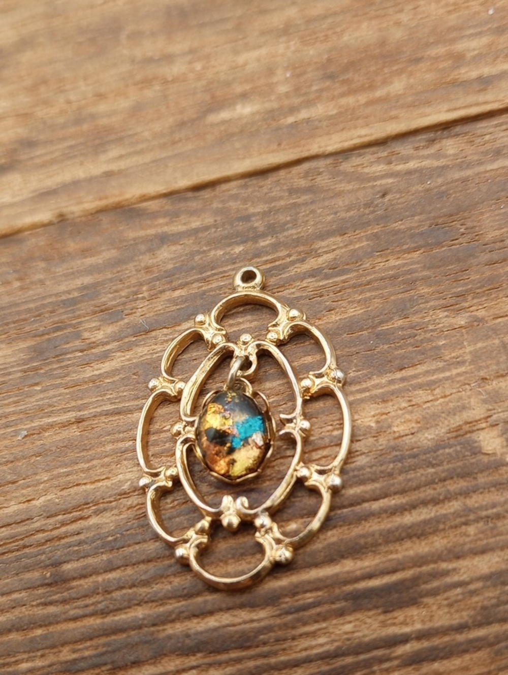 Gold Tone Filigree Pendant with Multicolor Stone P257